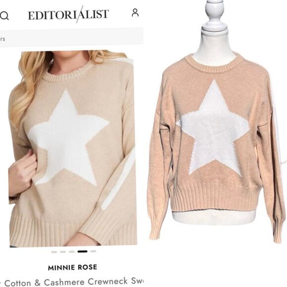 MINNIE ROSE Womens XS Star Sweater Tan Beige Cream Cotton Cashmere Crew Pullover - Picture 2 of 9
